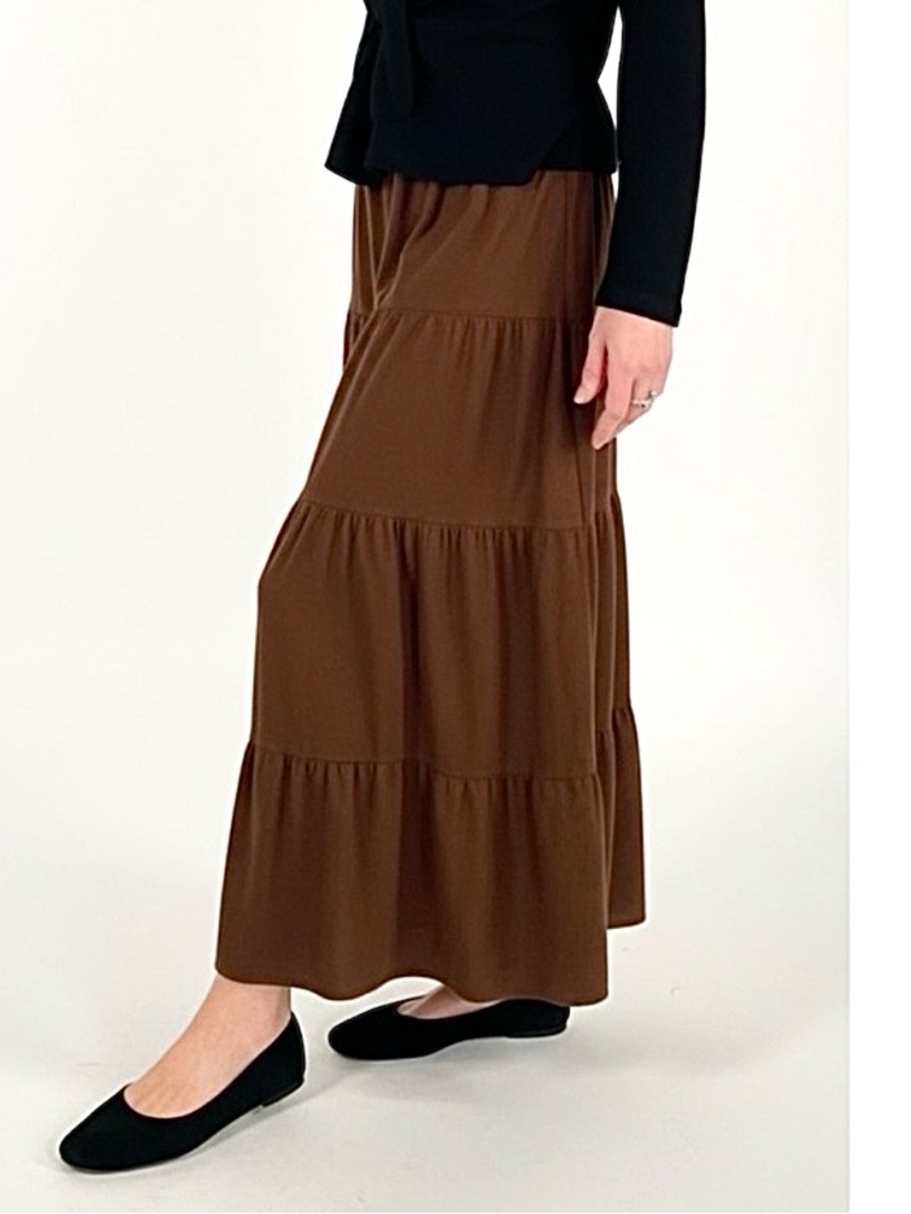 1990’s Tiered Faux Suede Maxi Skirt in Warm Brown-Boho Mimimalist Classic